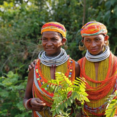 Indigenous villagers in the heavily forested state of Odisha, India, with the forest behind them 